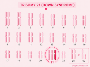 Hình minh họa karyotype trisomy 21 với một nhiễm sắc thể 21 dư ra được tô đậm, đặc trưng cho hội chứng Down.