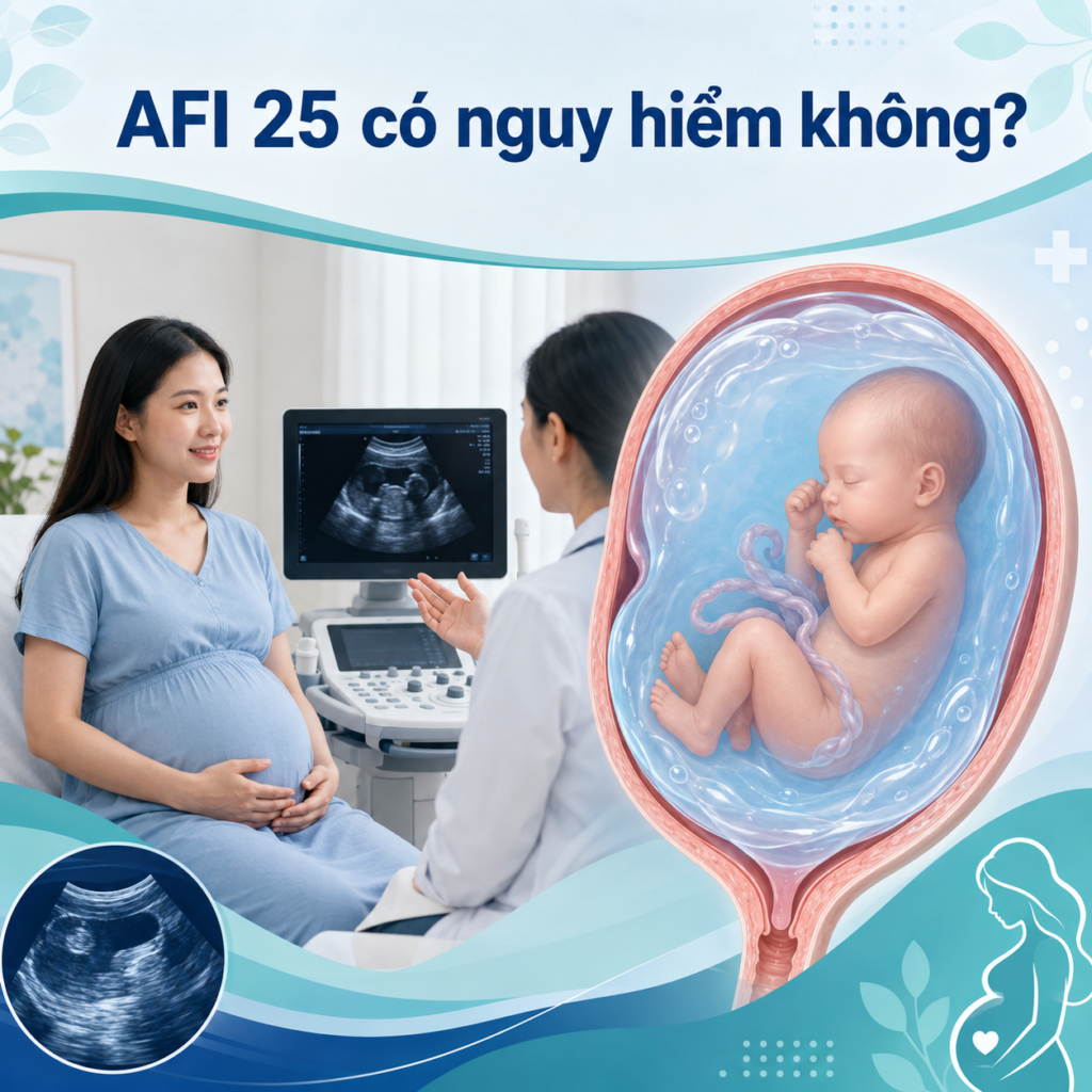 Hình ảnh siêu âm thai với chỉ số AFI 25 biểu hiện đa ối nhẹ