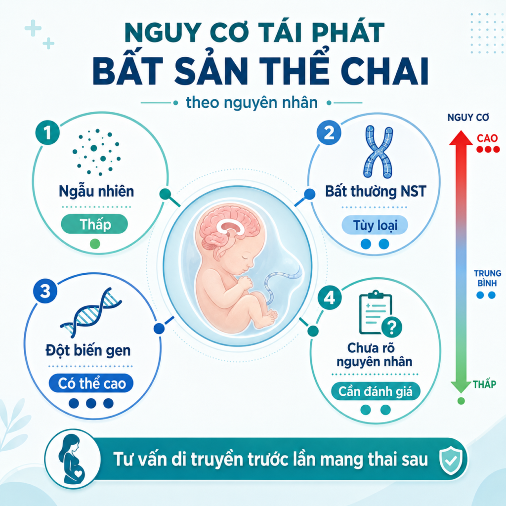 nguy cơ tái phát bất sản thể chai theo nguyên nhân: ngẫu nhiên (nguy cơ thấp), bất thường nhiễm sắc thể, đột biến gen và trường hợp chưa rõ nguyên nhân
