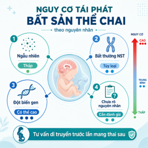 nguy cơ tái phát bất sản thể chai theo nguyên nhân: ngẫu nhiên (nguy cơ thấp), bất thường nhiễm sắc thể, đột biến gen và trường hợp chưa rõ nguyên nhân