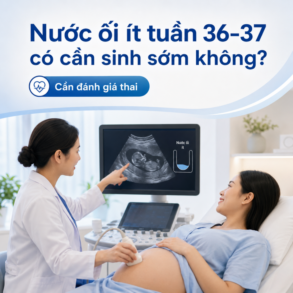 Nước ối ít tuần 36–37 trên siêu âm thai kỳ, bác sĩ đánh giá tình trạng thiểu ối và tư vấn theo dõi thai