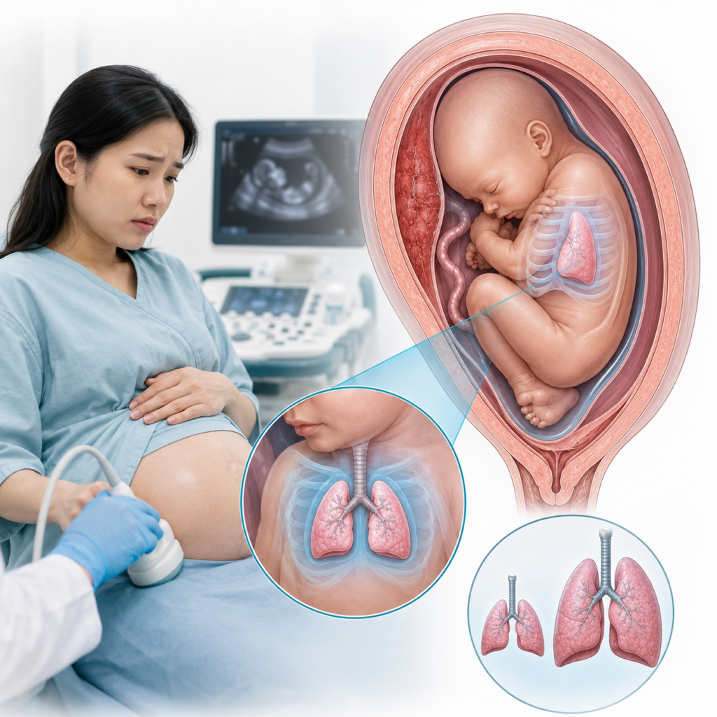 Thiểu ối ảnh hưởng phát triển phổi thai nhi trên hình minh họa trong tử cung