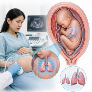 Thiểu ối ảnh hưởng phát triển phổi thai nhi trên hình minh họa trong tử cung