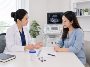 Bác sĩ tư vấn cho phụ nữ về lấy mẫu mô thai sau sảy thai để làm xét nghiệm tìm nguyên nhân