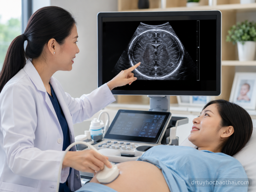 Bác sĩ tư vấn cho mẹ bầu về siêu âm không thấy khoang vách trong suốt trên hình ảnh não thai nhi