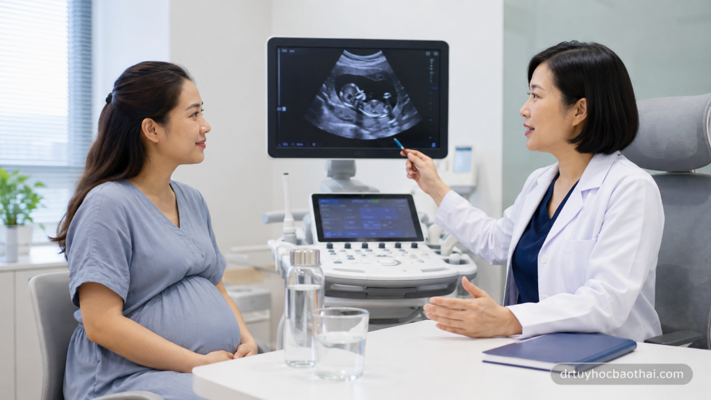 Hình ảnh bác sĩ tư vấn siêu âm thai và theo dõi đa ối trong thai kỳ