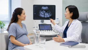 Hình ảnh bác sĩ tư vấn siêu âm thai và theo dõi đa ối trong thai kỳ