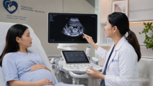 Hình ảnh bác sĩ tư vấn siêu âm thai và theo dõi thiểu ối trong thai kỳ