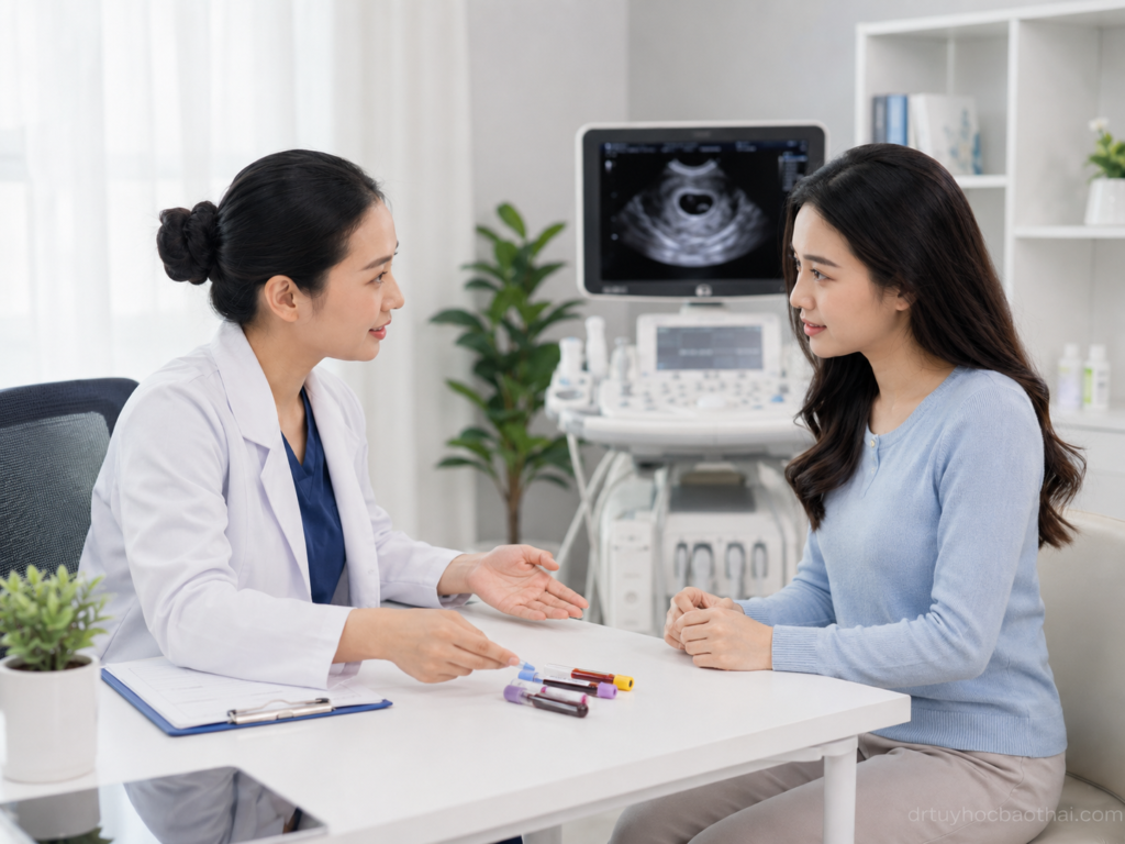 Bác sĩ tư vấn cho phụ nữ về xét nghiệm máu sau sảy thai liên tiếp trong phòng khám sản khoa