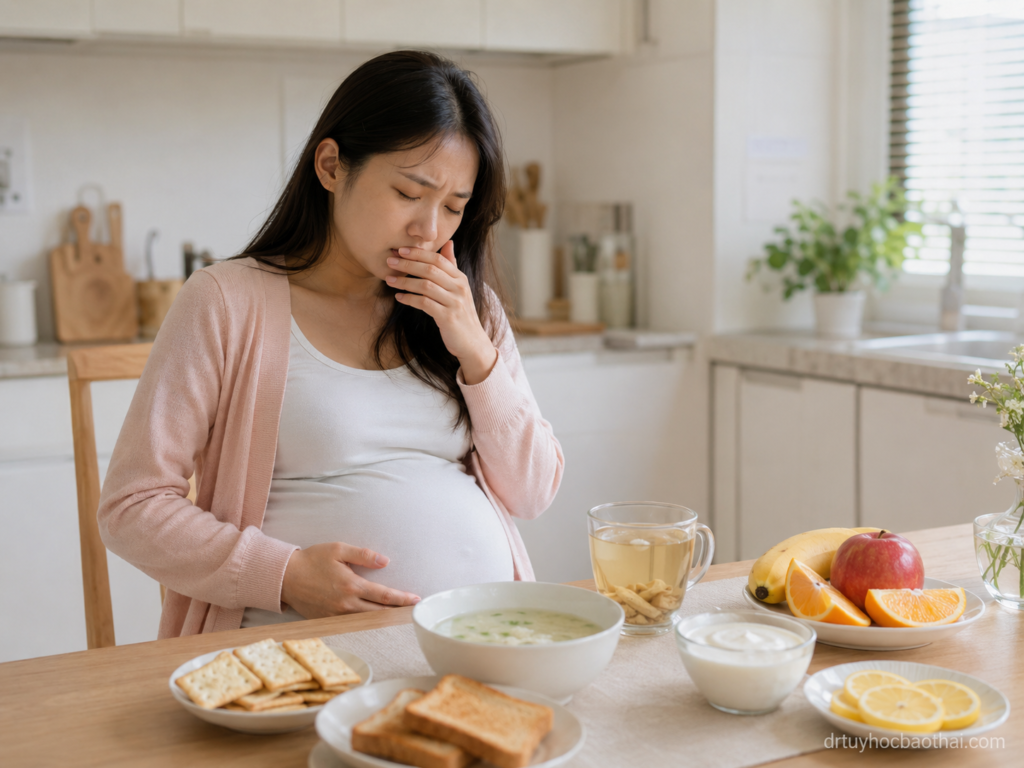 Mẹ bầu bị ốm nghén và buồn nôn bên cạnh các món ăn nhẹ dễ tiêu như cháo, bánh quy, sữa chua và trái cây