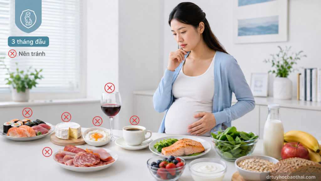 Mẹ bầu trong 3 tháng đầu cân nhắc các thực phẩm nên tránh như đồ sống, phô mai mềm, trứng chưa chín, rượu và cà phê