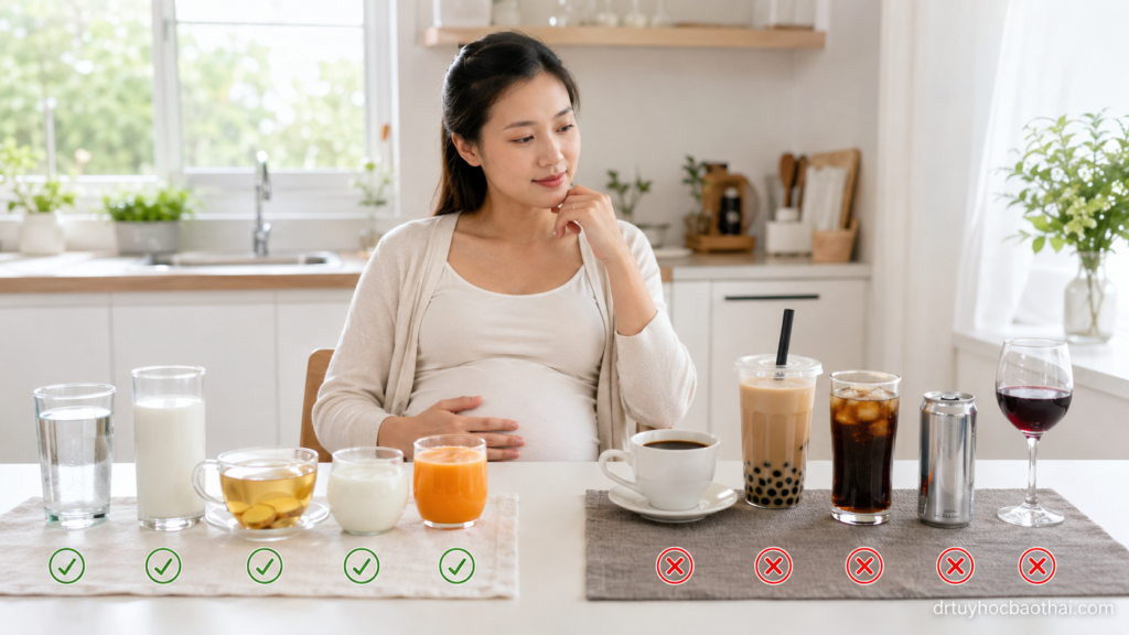 Mẹ bầu lựa chọn đồ uống tốt và đồ uống nên hạn chế trong thai kỳ như nước lọc, sữa, trà gừng, cà phê, nước ngọt và rượu
