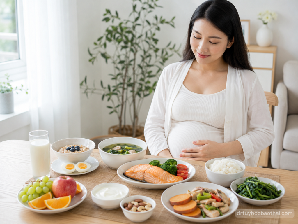Mẹ bầu bên bàn ăn lành mạnh với cá hồi, cơm, rau xanh, trứng, sữa, trái cây và các món giàu dinh dưỡng
