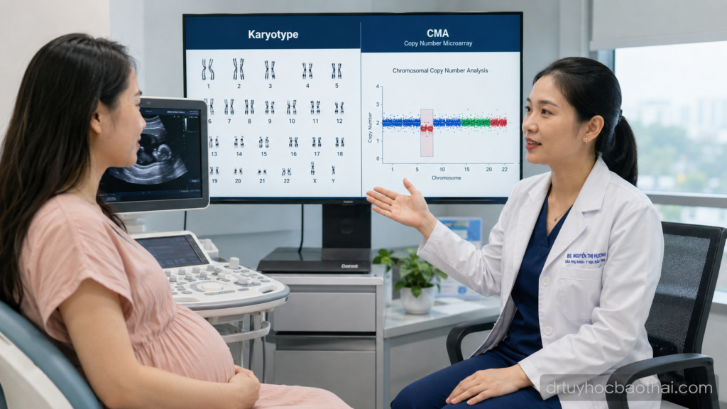 Bác sĩ tư vấn thai phụ về sự khác nhau giữa xét nghiệm CMA và Karyotype trong chẩn đoán trước sinh