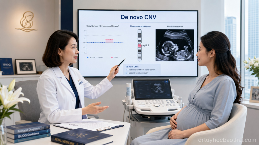 Bác sĩ tư vấn thai phụ về CNV de novo trong thai kỳ, kết hợp siêu âm thai và phân tích bất thường số lượng bản sao nhiễm sắc thể