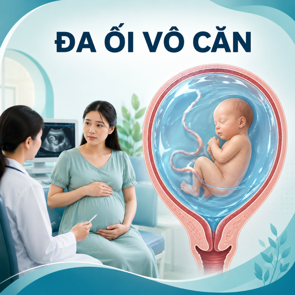 Hình ảnh minh họa đa ối vô căn với thai nhi nằm trong buồng ối nhiều nước
