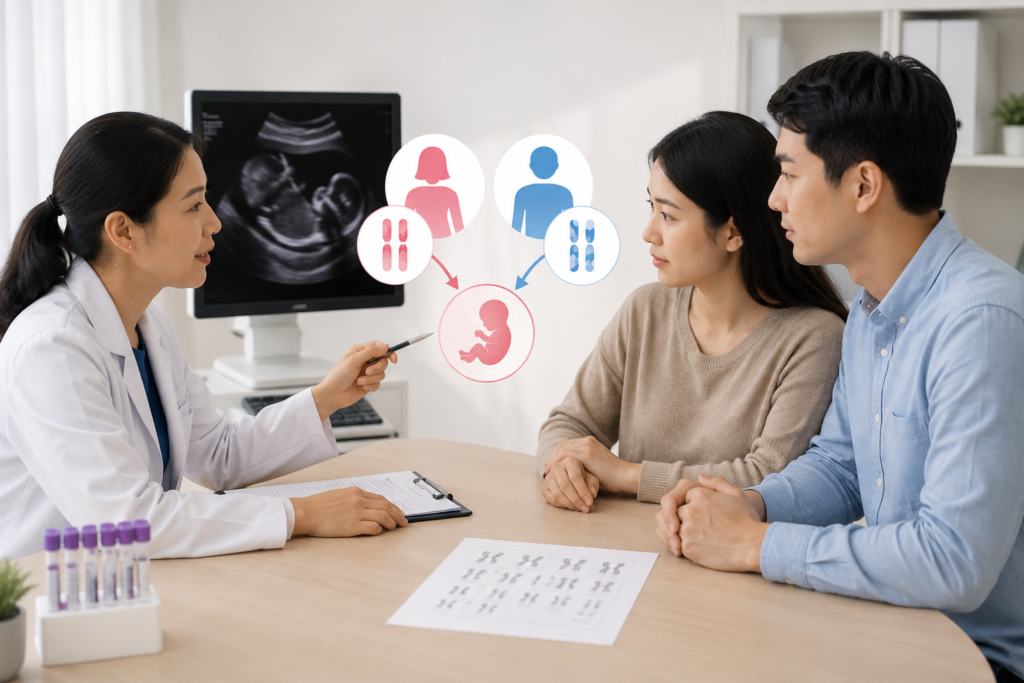 Sơ đồ minh họa di truyền nhiễm sắc thể từ bố mẹ sang thai nhi trong tư vấn trước sinh