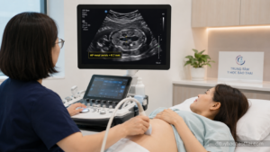 Bác sĩ tư vấn thai phụ về giãn bể thận thai nhi trên siêu âm và ngưỡng bất thường theo tuổi thai