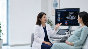 Bác sĩ tư vấn thai phụ về hội chứng Williams, mất đoạn 7q11.23 và đánh giá tim thai qua siêu âm trước sinh