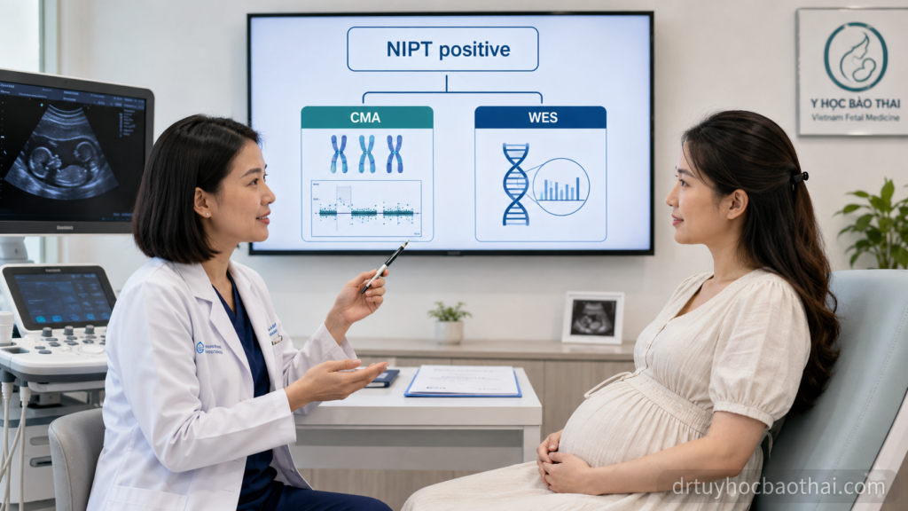 Bác sĩ tư vấn thai phụ về kết quả NIPT dương tính và bước tiếp theo là làm xét nghiệm CMA hay WES