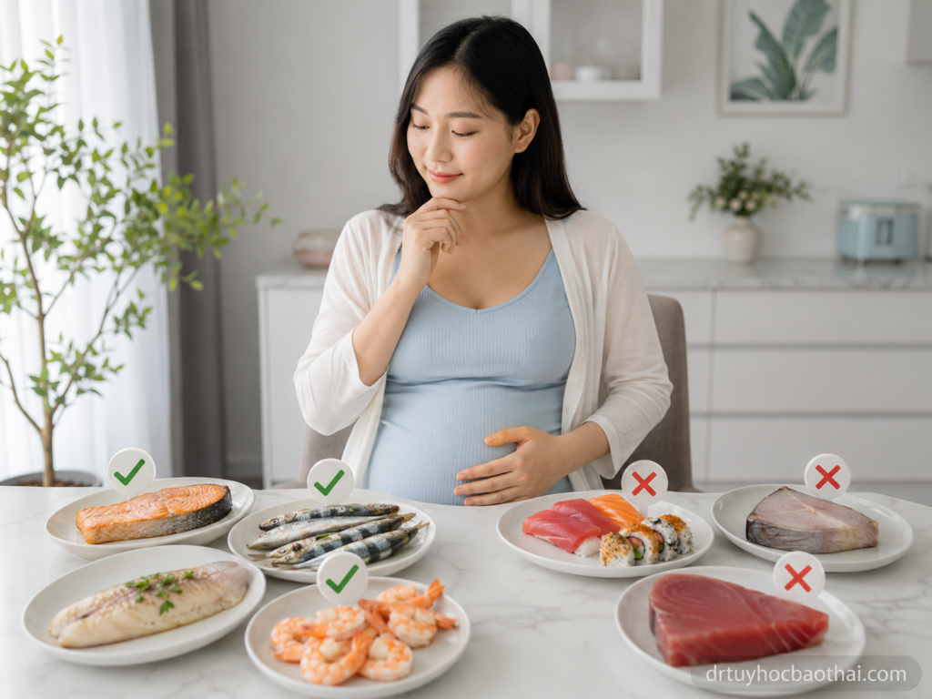 Các loại cá ít thủy ngân như cá hồi, cá mòi và cá rô phi phù hợp cho mẹ bầu