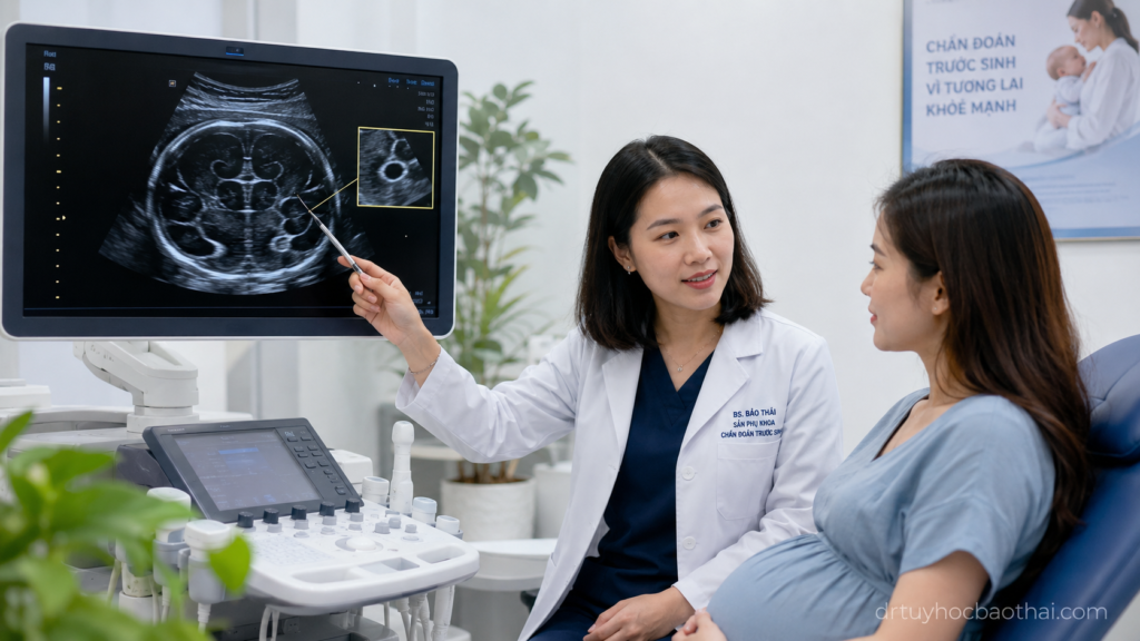 Bác sĩ tư vấn thai phụ về nang đám rối mạch mạc thai nhi trên siêu âm não thai trong chẩn đoán trước sinh
