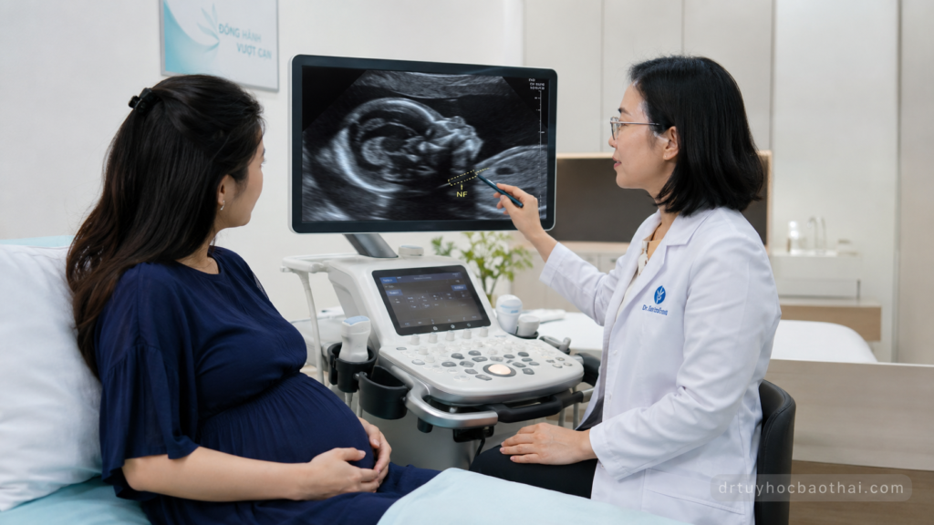 Bác sĩ tư vấn thai phụ về nếp gấp da gáy dày ở quý hai trên siêu âm hình thái thai nhi