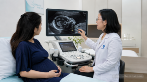 Bác sĩ tư vấn thai phụ về nếp gấp da gáy dày ở quý hai trên siêu âm hình thái thai nhi