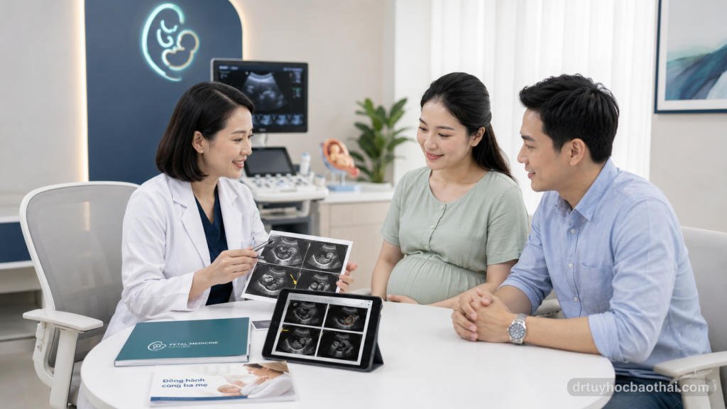 Bác sĩ tư vấn cho thai phụ và người chồng về nhiều soft marker cùng lúc trên siêu âm thai và nguy cơ bất thường nhiễm sắc thể