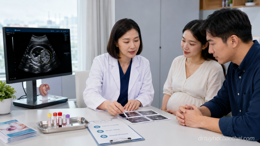 Bác sĩ tư vấn cho thai phụ và gia đình về ruột tăng âm thai nhi trên siêu âm và các xét nghiệm cần thực hiện