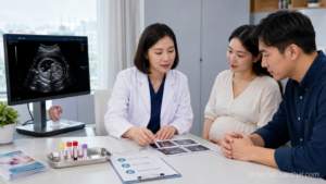 Bác sĩ tư vấn cho thai phụ và gia đình về ruột tăng âm thai nhi trên siêu âm và các xét nghiệm cần thực hiện