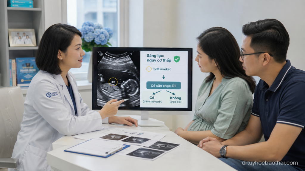 Bác sĩ tư vấn cho thai phụ và người chồng về kết quả sàng lọc nguy cơ thấp nhưng siêu âm có soft marker