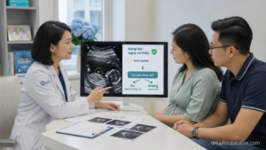 Bác sĩ tư vấn cho thai phụ và người chồng về kết quả sàng lọc nguy cơ thấp nhưng siêu âm có soft marker