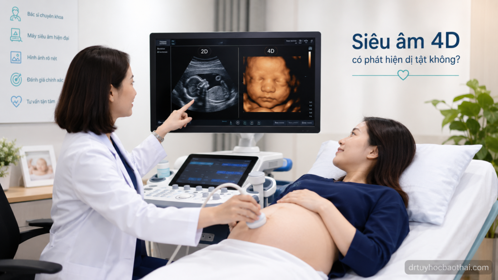 Bác sĩ thực hiện siêu âm 4D cho mẹ bầu và giải thích khả năng hỗ trợ phát hiện bất thường hình thái thai nhi
