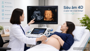 Bác sĩ thực hiện siêu âm 4D cho mẹ bầu và giải thích khả năng hỗ trợ phát hiện bất thường hình thái thai nhi