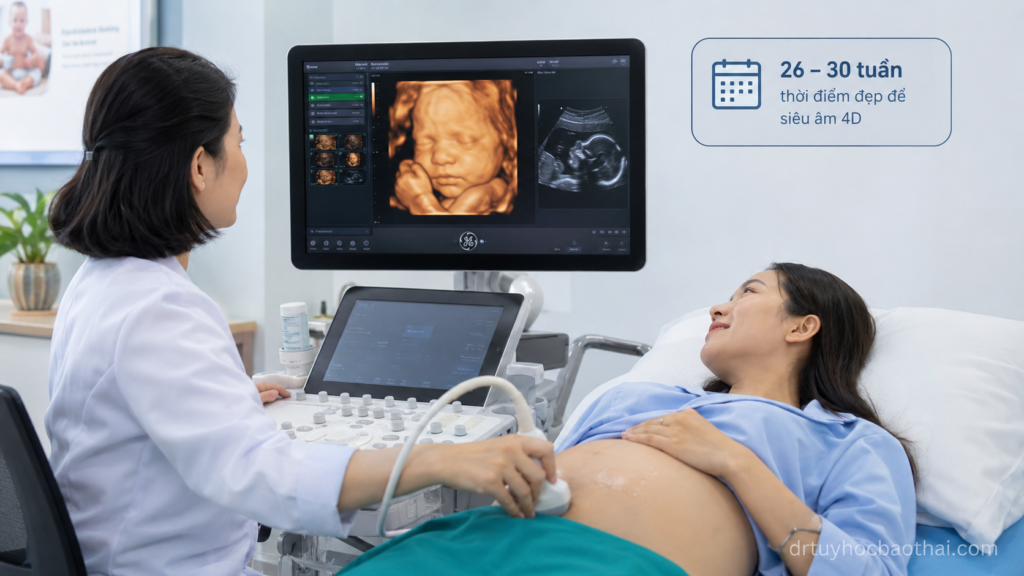 Bác sĩ thực hiện siêu âm 4D cho mẹ bầu và hiển thị gợi ý thời điểm 26 đến 30 tuần để có hình ảnh đẹp