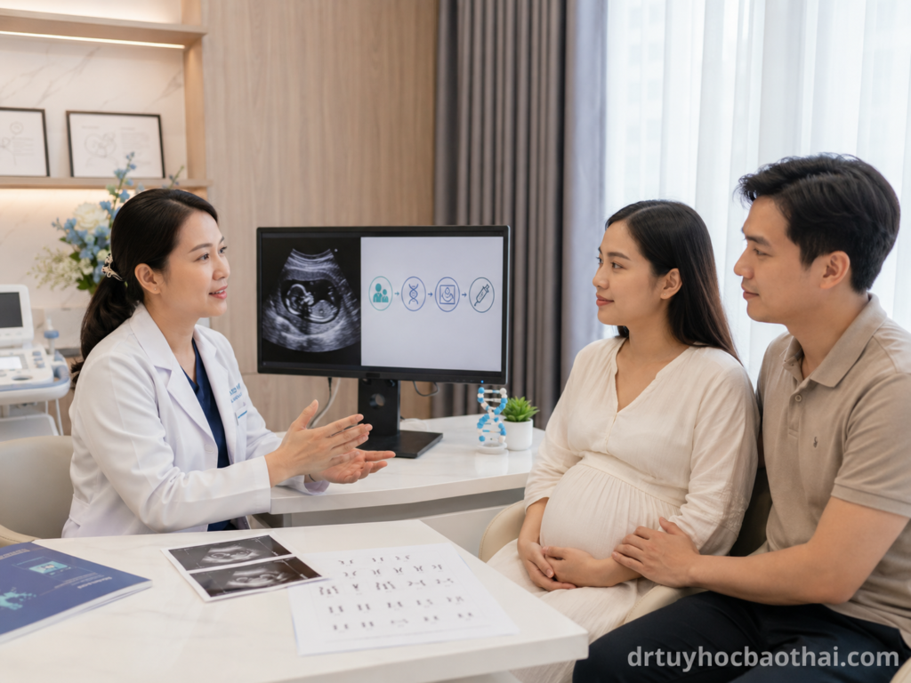 Bác sĩ tư vấn cho hai vợ chồng về kế hoạch mang thai sau khi từng có thai bất thường nhiễm sắc thể