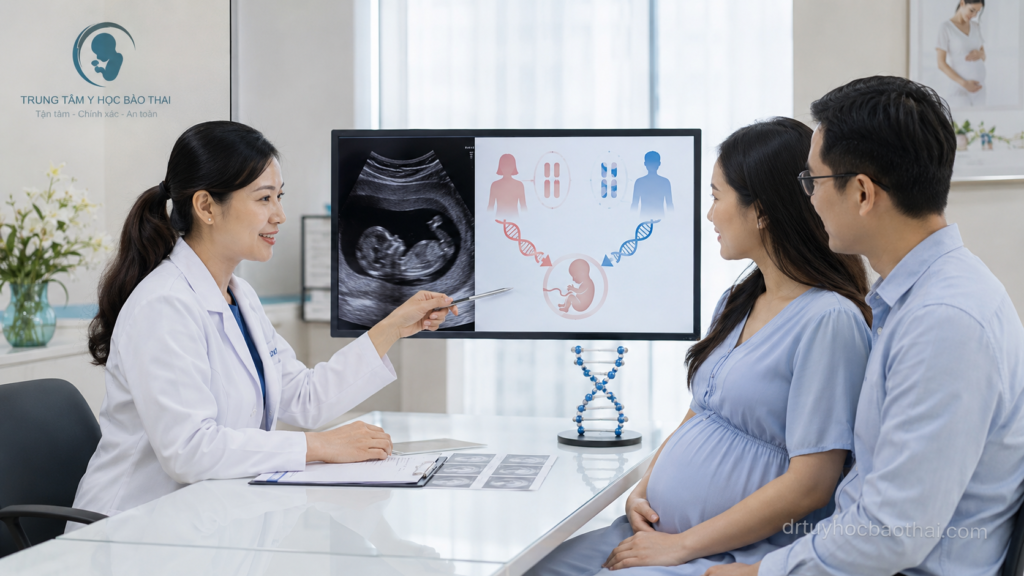 Bác sĩ tư vấn di truyền cho thai phụ và người chồng về nguy cơ bất thường nhiễm sắc thể thai nhi có thể liên quan đến bố mẹ