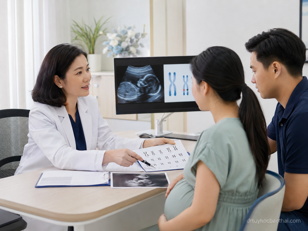 Bác sĩ giải thích kết quả xét nghiệm nhiễm sắc thể cho thai phụ và gia đình trong tư vấn trước sinh