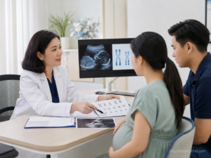 Bác sĩ giải thích kết quả xét nghiệm nhiễm sắc thể cho thai phụ và gia đình trong tư vấn trước sinh