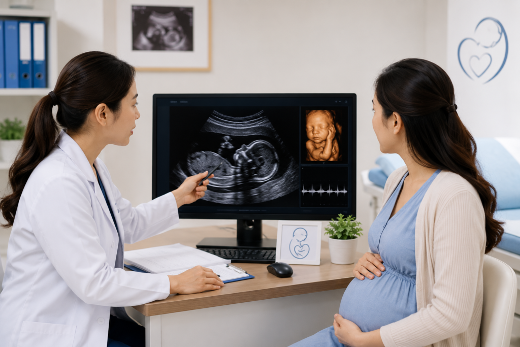 Bác sĩ tư vấn cho mẹ bầu về trường hợp NIPT nguy cơ thấp nhưng siêu âm phát hiện bất thường hình thái thai nhi
