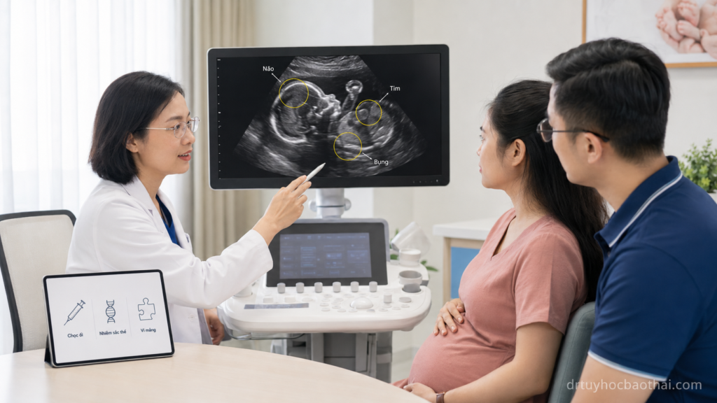 Bác sĩ tư vấn cho thai phụ và người chồng về siêu âm phát hiện dị tật nhiều cơ quan và các xét nghiệm di truyền cần cân nhắc