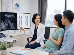 Bác sĩ tư vấn cho thai phụ và người chồng về vi mất đoạn, vi lặp đoạn nhiễm sắc thể thai nhi qua siêu âm và xét nghiệm di truyền