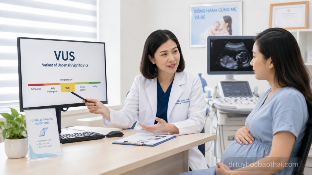 Bác sĩ tư vấn thai phụ về VUS trong kết quả xét nghiệm di truyền và ý nghĩa biến thể chưa rõ vai trò bệnh lý