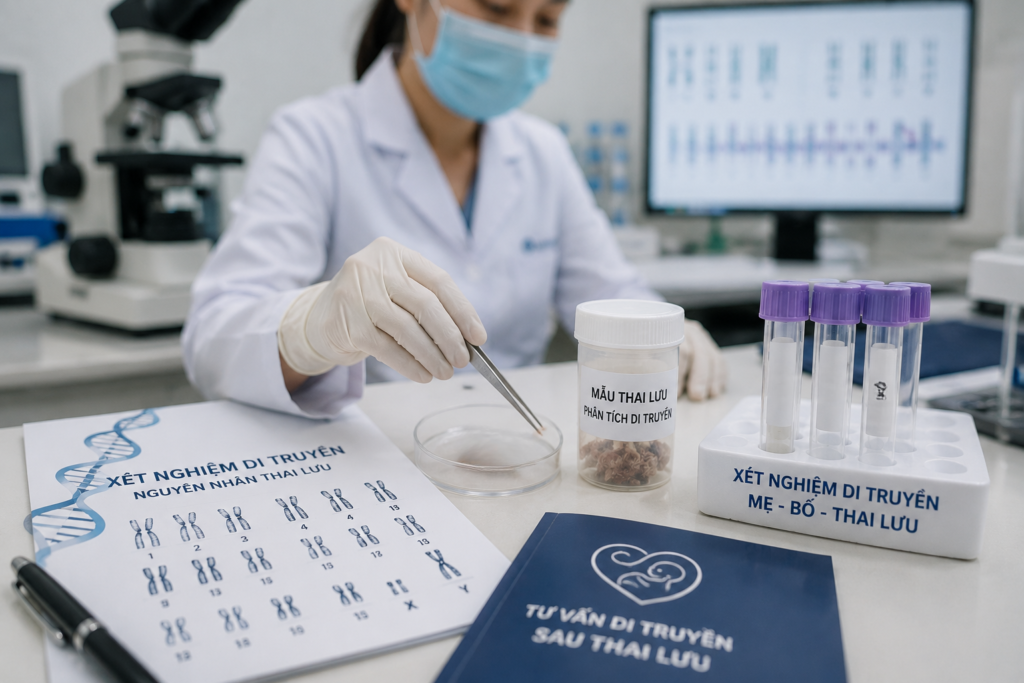 Hình ảnh phòng xét nghiệm di truyền phân tích mẫu thai lưu không rõ nguyên nhân với ống nghiệm và tài liệu xét nghiệm
