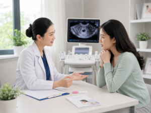 Bác sĩ tư vấn cho phụ nữ về việc có thai nhưng chưa có triệu chứng có sao không trong phòng khám sản khoa