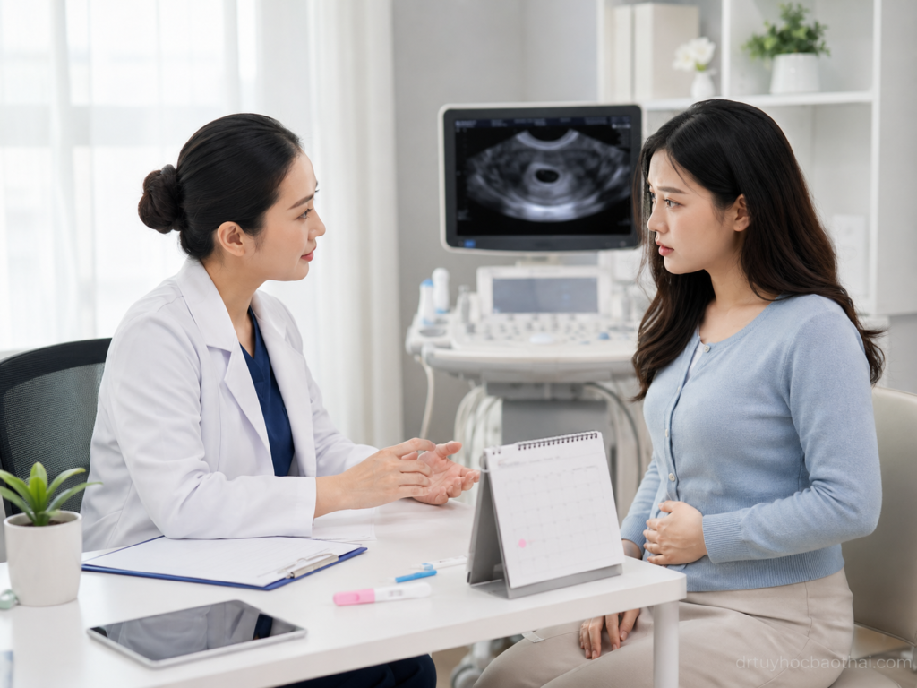 Bác sĩ tư vấn cho phụ nữ về dấu hiệu mang bầu khác gì triệu chứng sắp có kinh trong phòng khám sản khoa