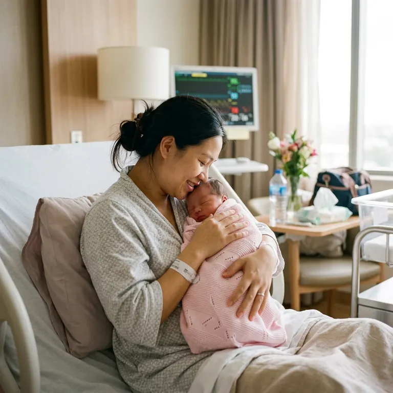 Mẹ sau sinh ôm bé sơ sinh