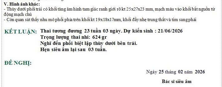 Kết quả siêu âm thai 23 tuần nghi phổi biệt lập thùy dưới phổi trái