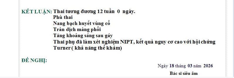 Kết quả siêu âm thai 12 tuần bất thường và NIPT X0 khả năng thể khảm
